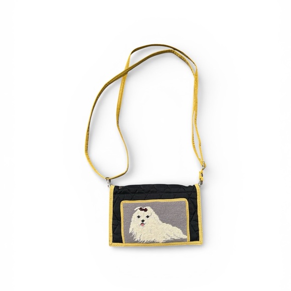 Handbags - Vtg Black Yellow Quilted Crossbody Wallet/Bag with Maltese Needle Point Design